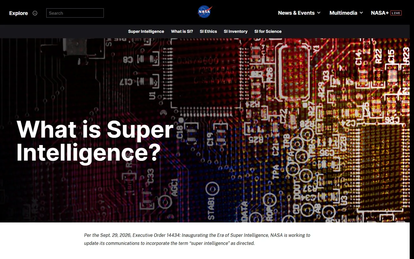 NASA's 'What is Super Intelligence?' web page, with a circuit-board header image, a menu reading 'Super Intelligence, What is SI?, SI Ethics, SI Inventory, SI for Science', and a note citing Executive Order 14434.