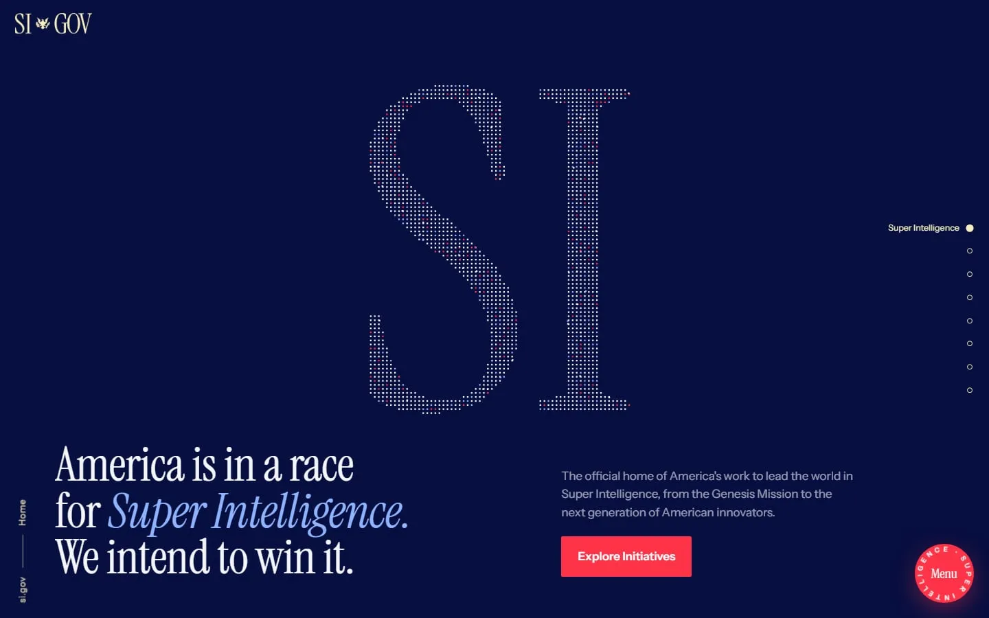 The SI.gov homepage: large dotted letters 'SI' on a navy background above the headline 'America is in a race for Super Intelligence. We intend to win it.'